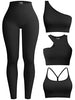 OQQ Womens 4 Piece Workout Outfits Ribbed Yoga High Waist Leggings with 3 Crop Tops with Sports Bra Exercise Set Black