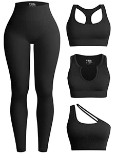 OQQ Womens 4 Piece Workout Outfits Ribbed Yoga High Waist Leggings with 3 Crop Tops with Sports Bra Exercise Set Black