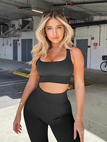 Image of OQQ Womens 4 Piece Workout Outfits Ribbed Yoga High Waist Leggings with 3 Crop Tops with Sports Bra Exercise Set Black