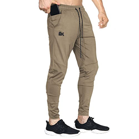 Image of BROKIG Mens 3 Pack Lightweight Running Gym Jogger Pants,Men's Workout Sweatpants Zip Pocket (Large, Black-Beige-Army Green)