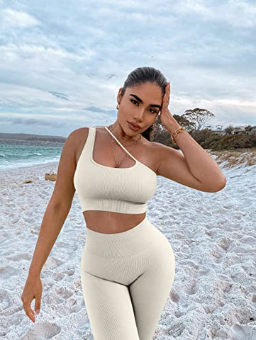 Image of OQQ Womens 4 Piece Workout Outfits Ribbed Yoga High Waist Leggings with 3 Crop Tops with Sports Bra Exercise Set Black