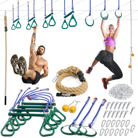 Image of Perantlb Indoor Ninja Warrior Obstacle Course for Adults, Ninja Slackline Includes 7 Hanging Attachments，Roof Strength Training Set, which can Enhance arm Strength.